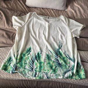 White T-Shirt with Green Leaf Print